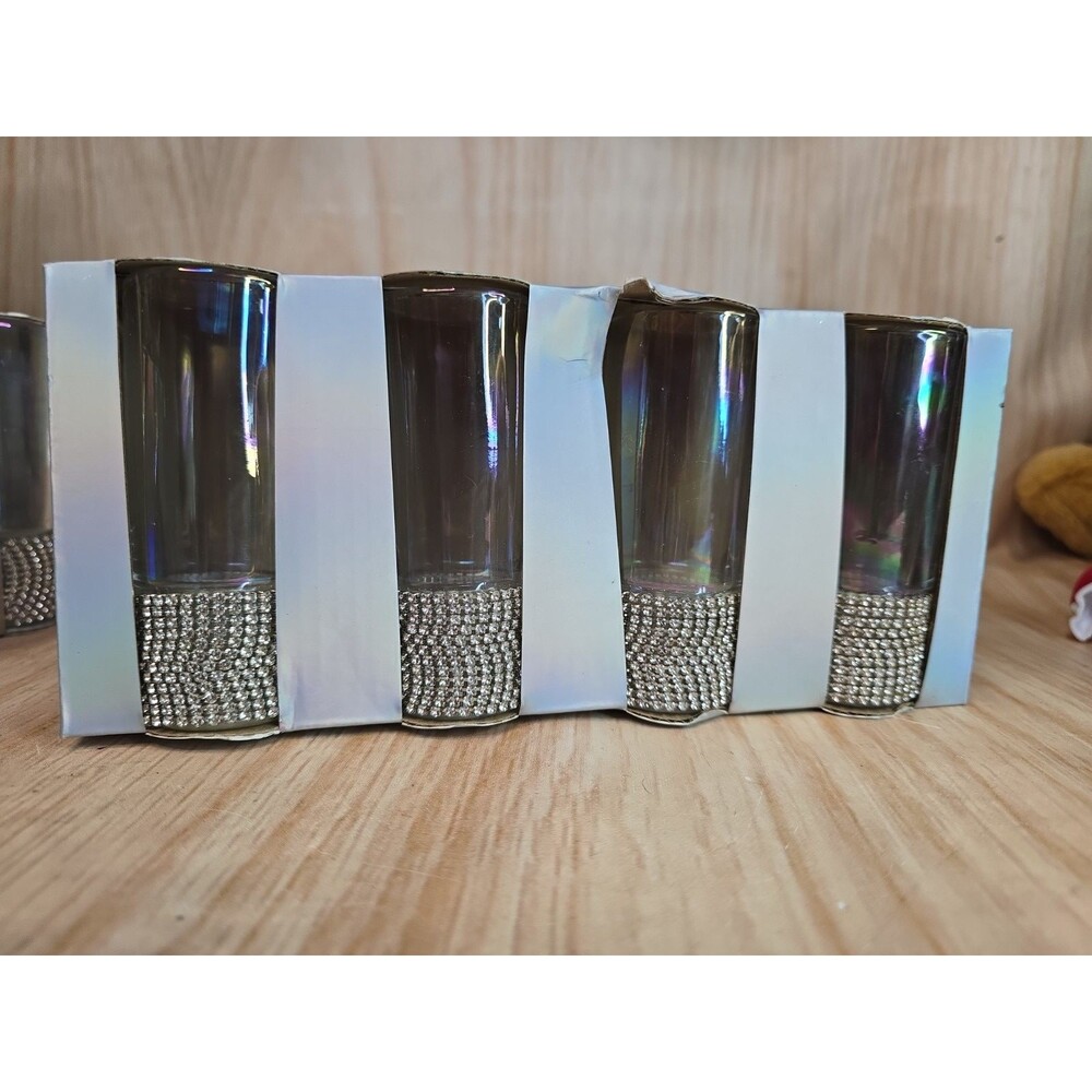 Set Of 4 Tall Shot Glasses Clear Iridescent & Silver Bling By Fig & Fern New